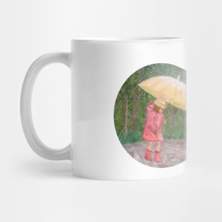 Girl walking in the rain and having fun with the water puddles Mug